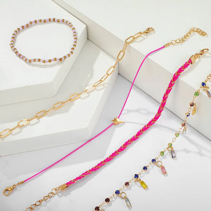 5pcs/sets Colorful Crystal Stone Tassel Anklets Bracelets for Women