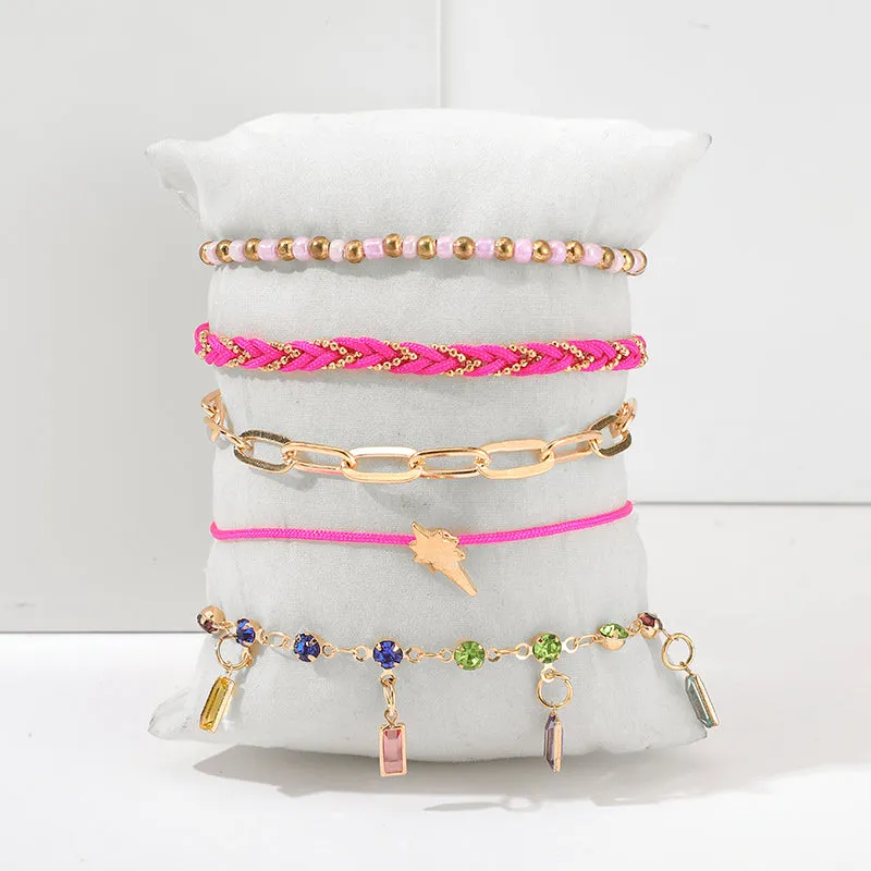 5pcs/sets Colorful Crystal Stone Tassel Anklets Bracelets for Women