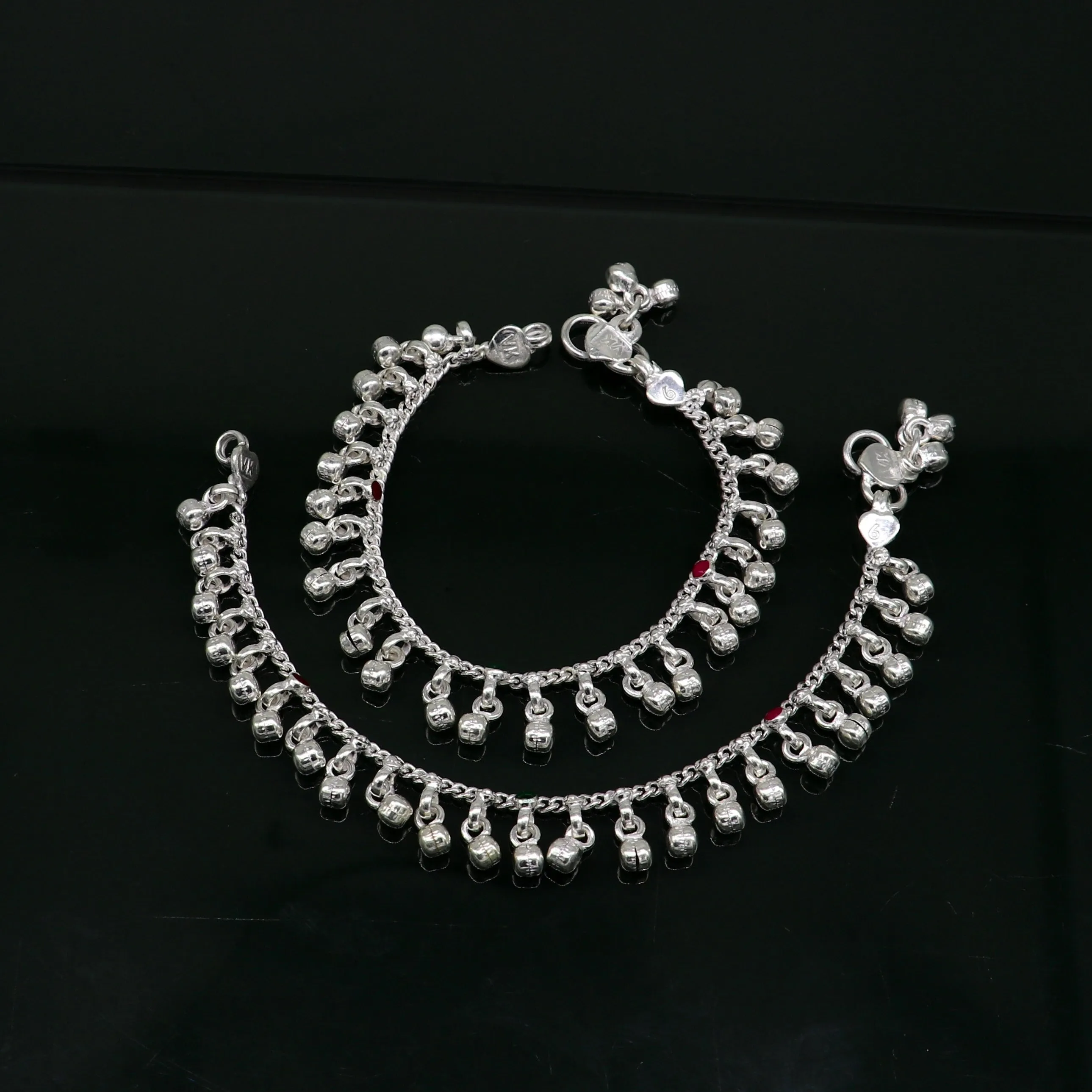 6" Pure sterling silver handmade waved hanging noisy bells anklets baby ankle bracelet, gifting noisy anklets kids jewelry from India ank317