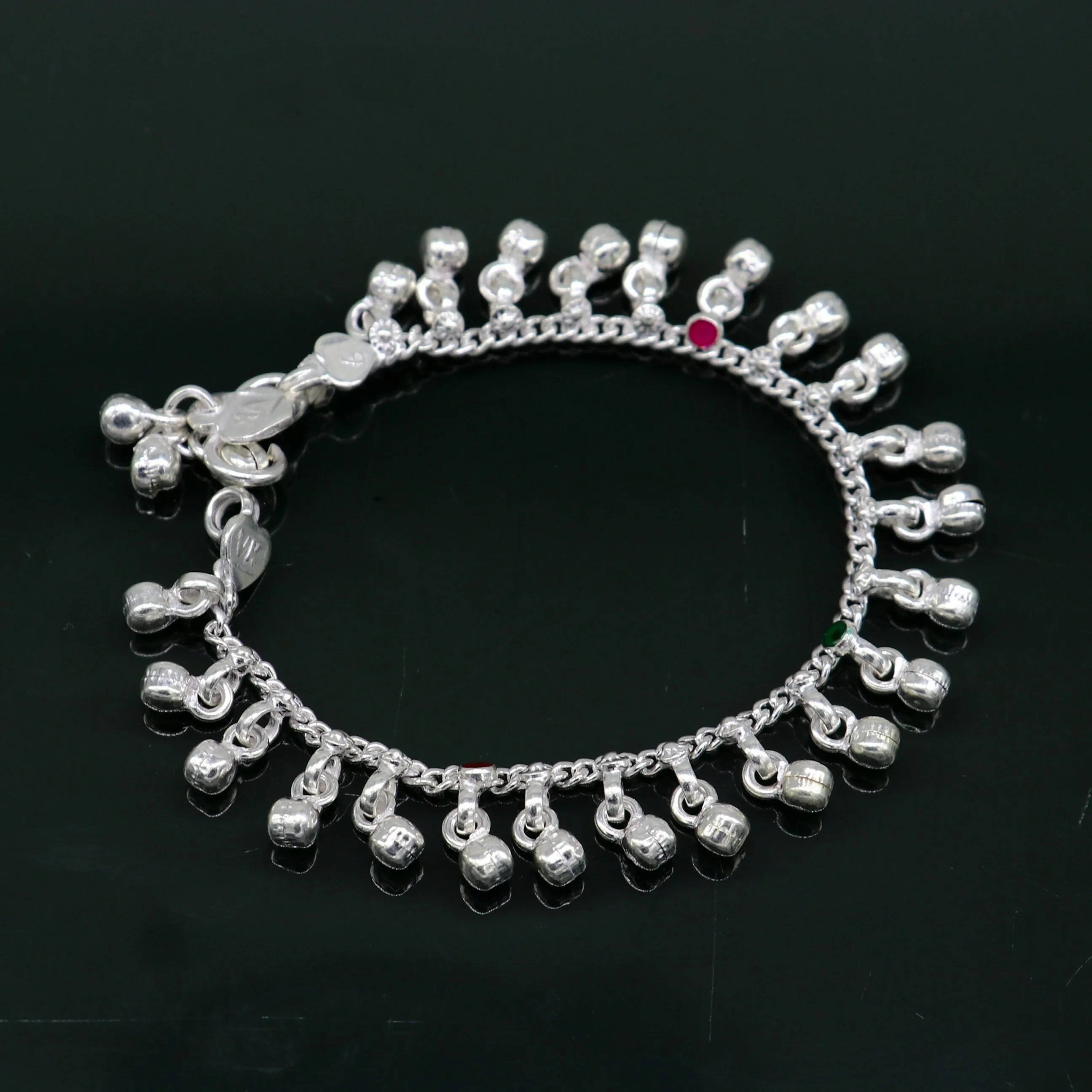6" Pure sterling silver handmade waved hanging noisy bells anklets baby ankle bracelet, gifting noisy anklets kids jewelry from India ank317