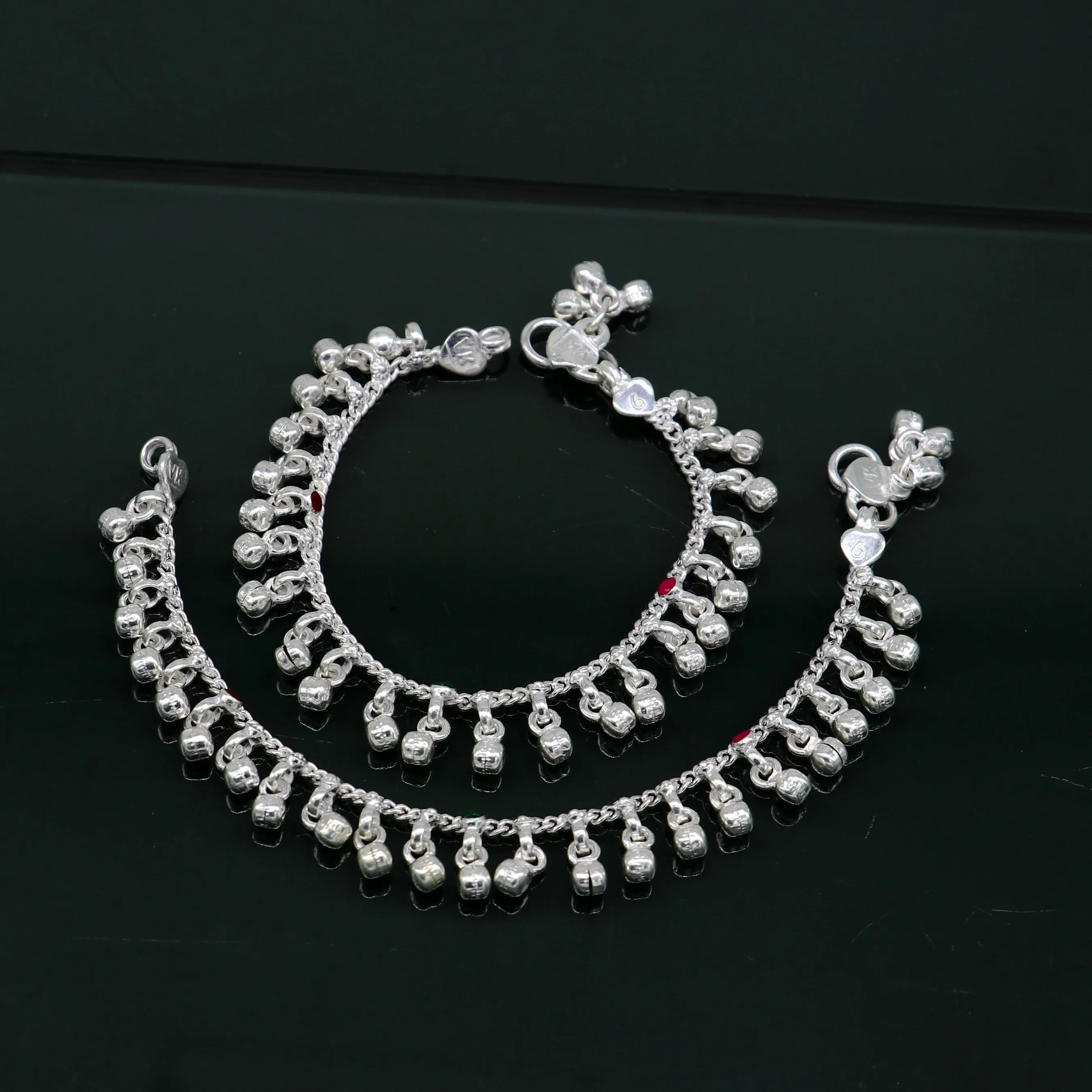 6" Pure sterling silver handmade waved hanging noisy bells anklets baby ankle bracelet, gifting noisy anklets kids jewelry from India ank317