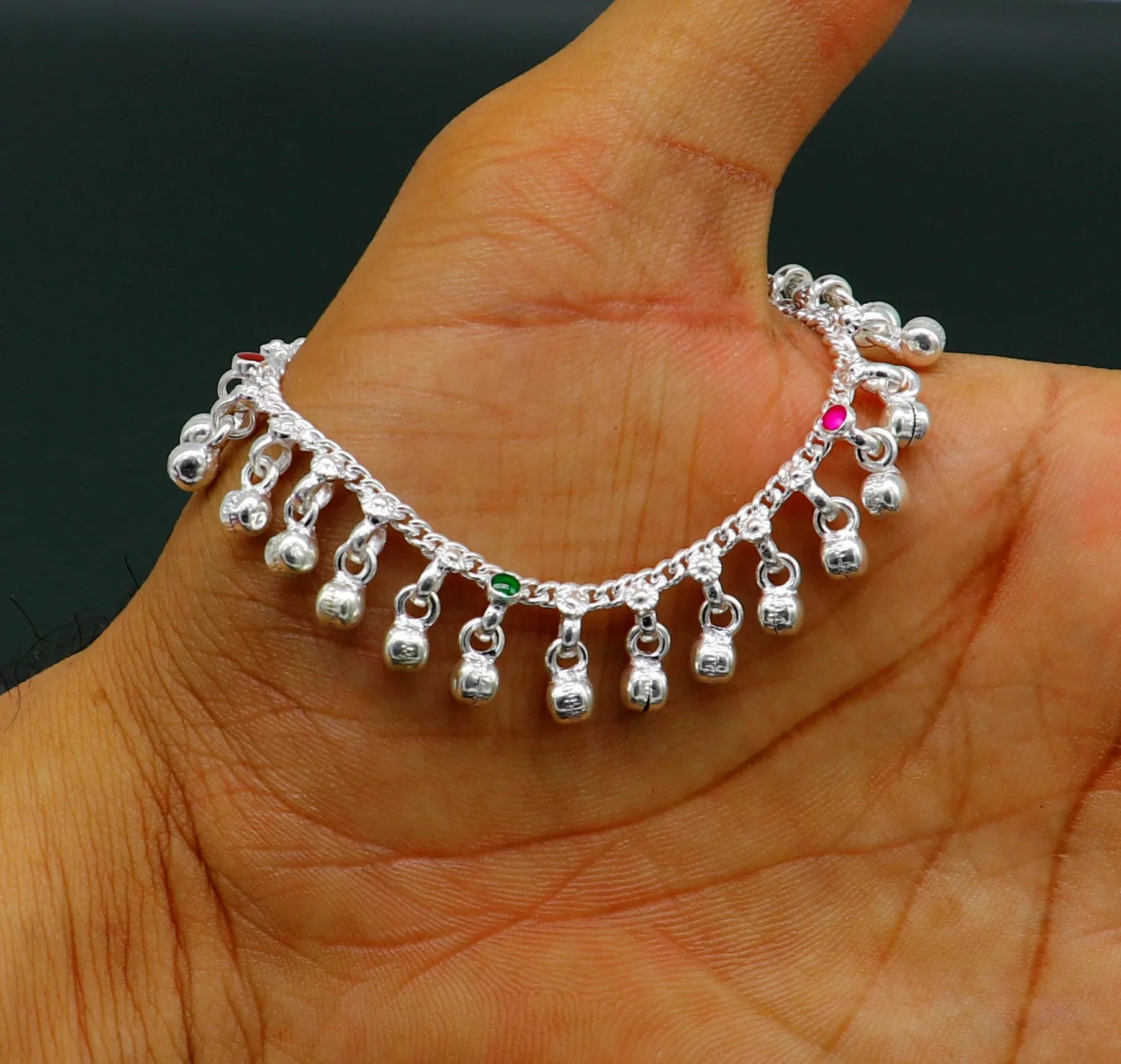 6" Pure sterling silver handmade waved hanging noisy bells anklets baby ankle bracelet, gifting noisy anklets kids jewelry from India ank317