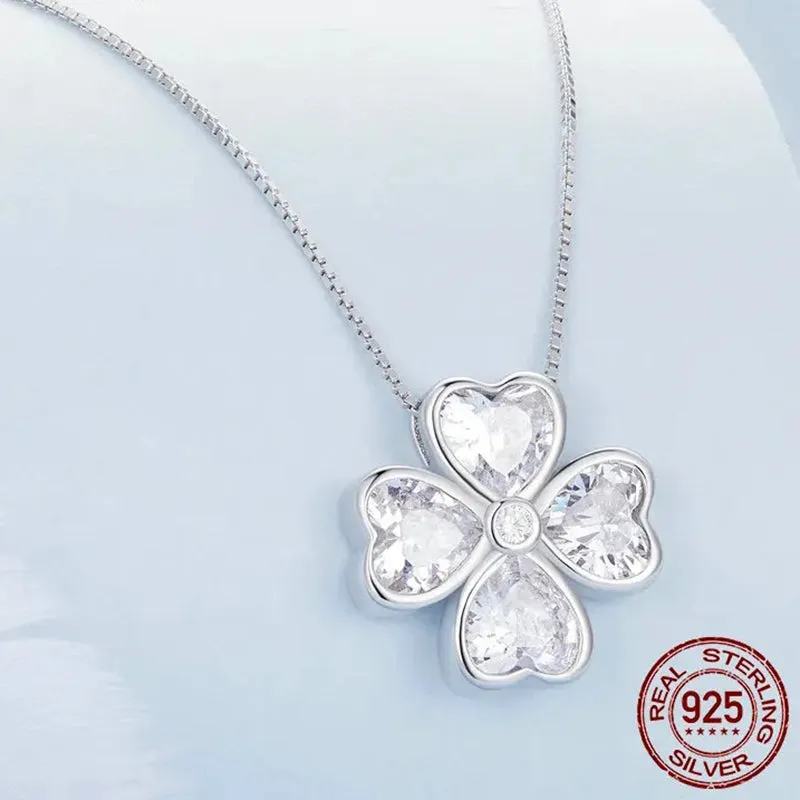 925 Sterling Silver Heart Shapped Lucky Four Leaf Clover Pendant Necklace Black Love Cross Neck Chain for Women