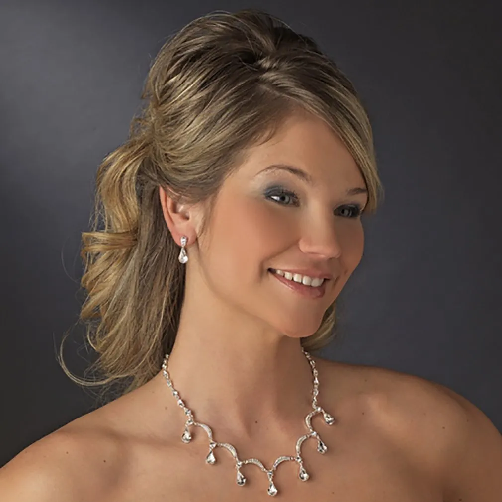 Accessoriesforever Bridal Wedding Prom Jewelry Set Crystal Rhinestone Multi Teardrops Link Silver Clear