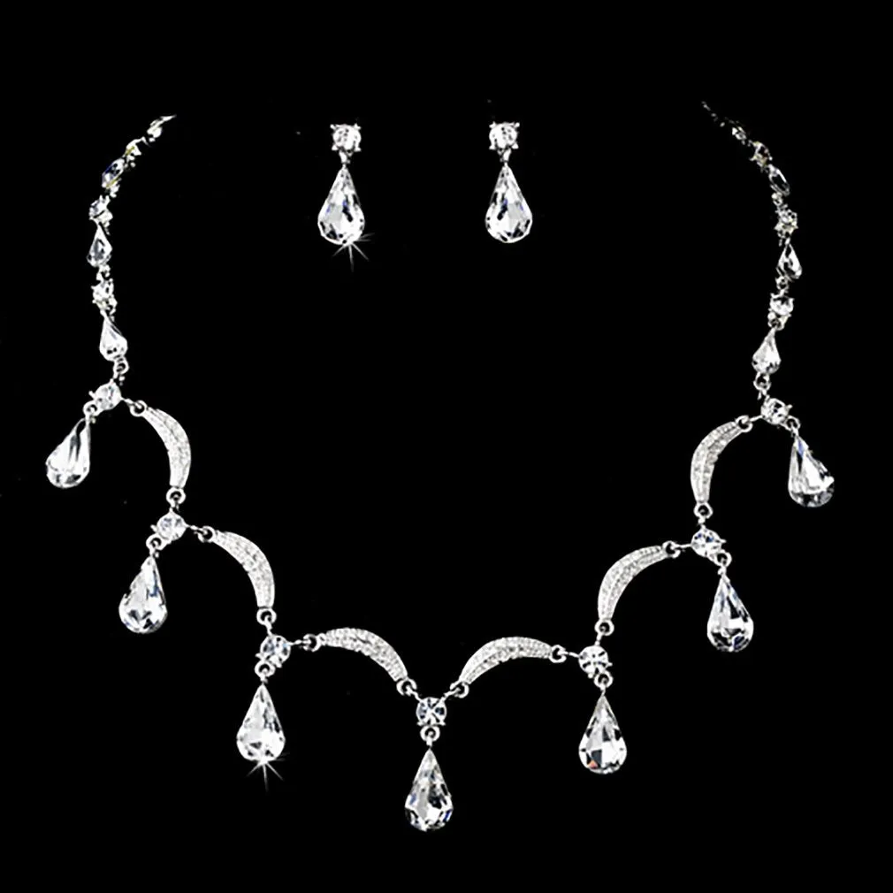 Accessoriesforever Bridal Wedding Prom Jewelry Set Crystal Rhinestone Multi Teardrops Link Silver Clear