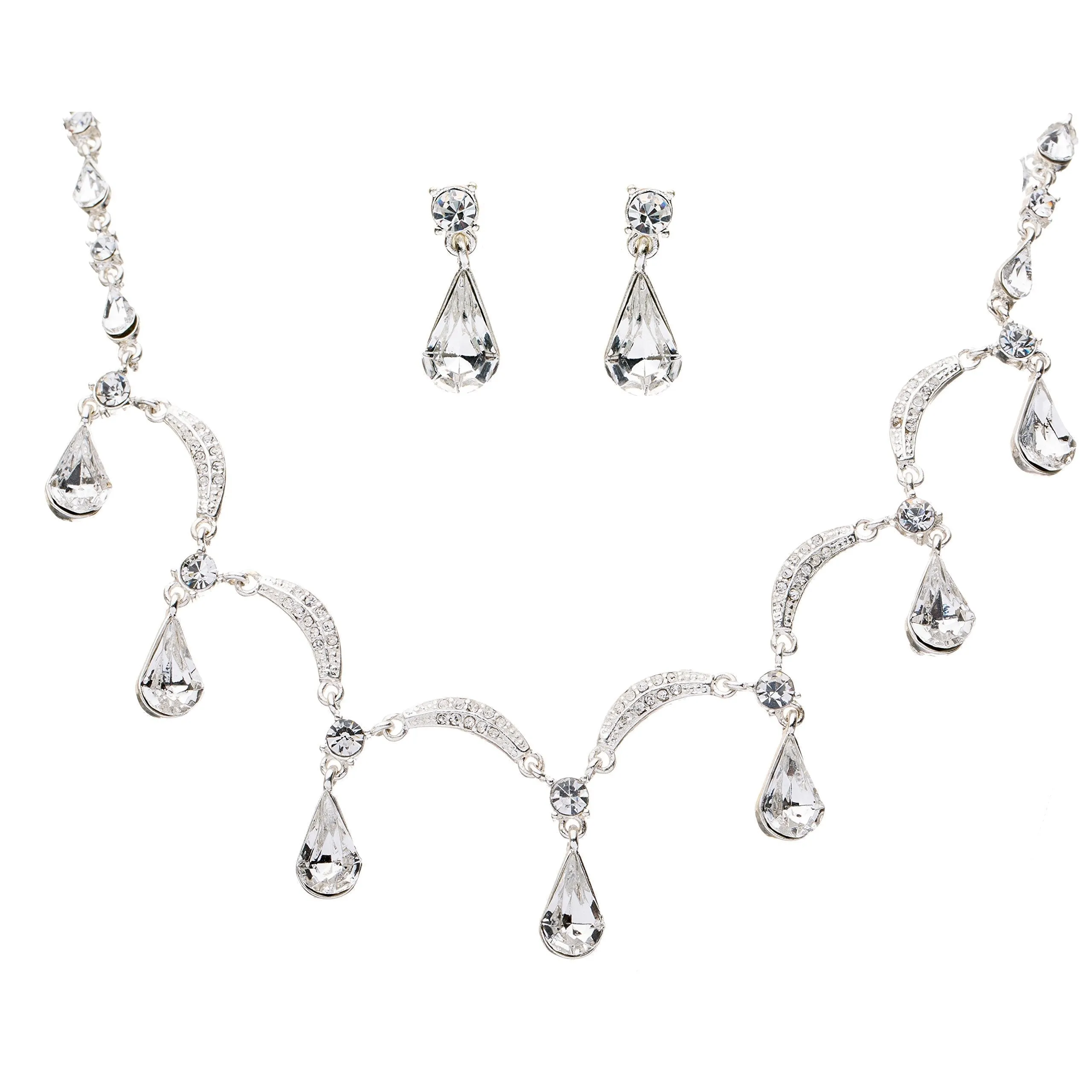 Accessoriesforever Bridal Wedding Prom Jewelry Set Crystal Rhinestone Multi Teardrops Link Silver Clear
