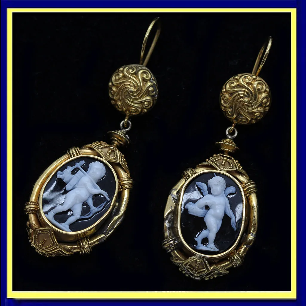 Antique Archaeological Revival Earrings Gold Carved Cameos Luigi Rosi (6281)