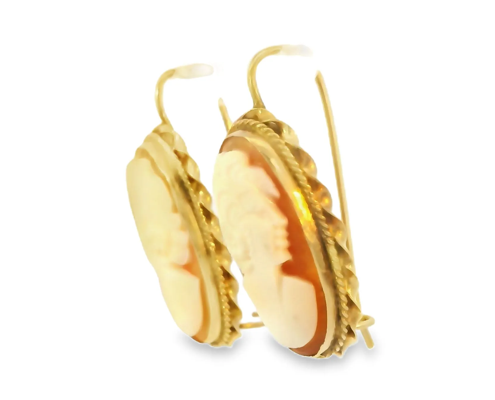 Antique Estate 14K Yellow Gold Shell Cameo Drop Earrings