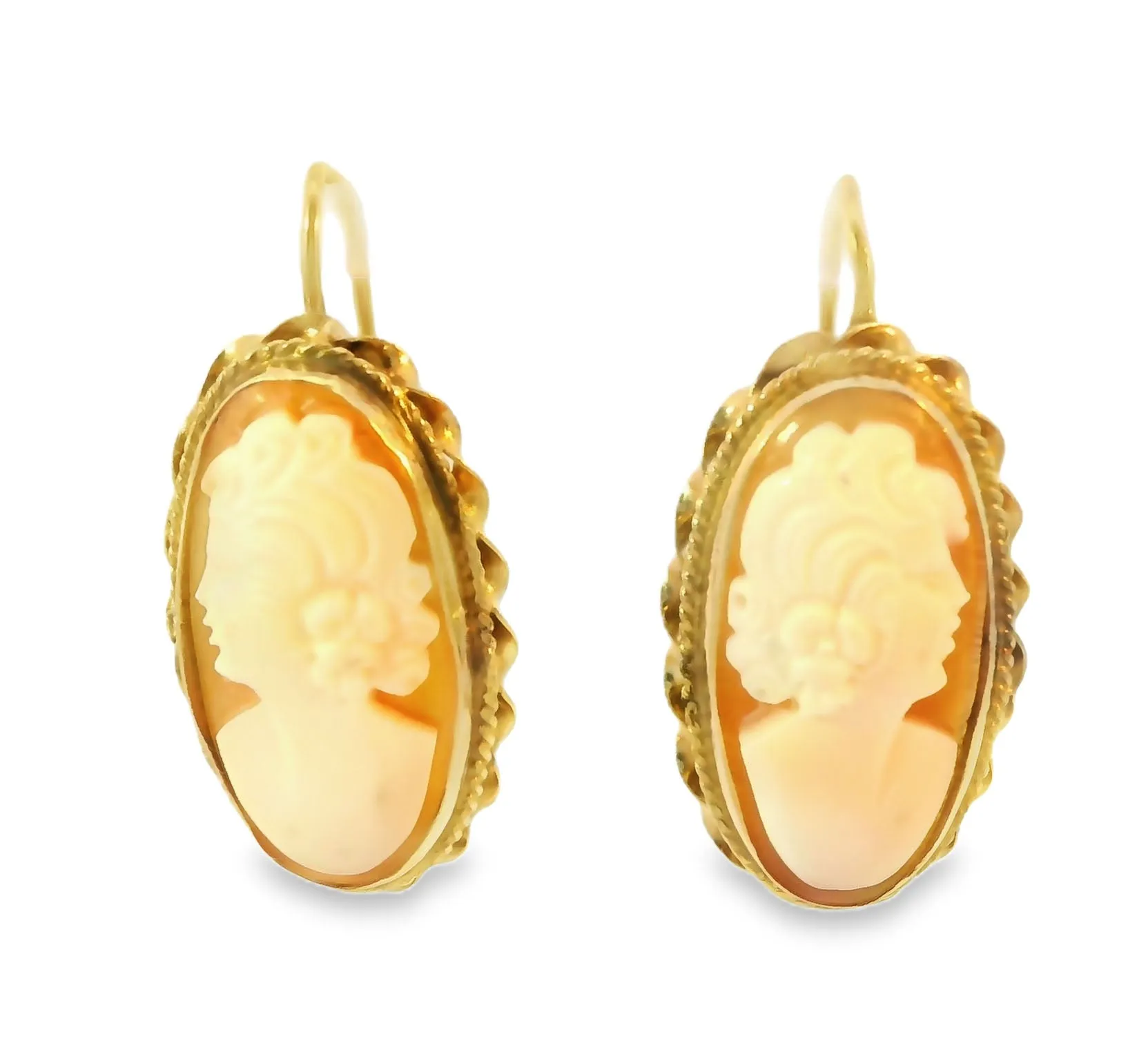 Antique Estate 14K Yellow Gold Shell Cameo Drop Earrings
