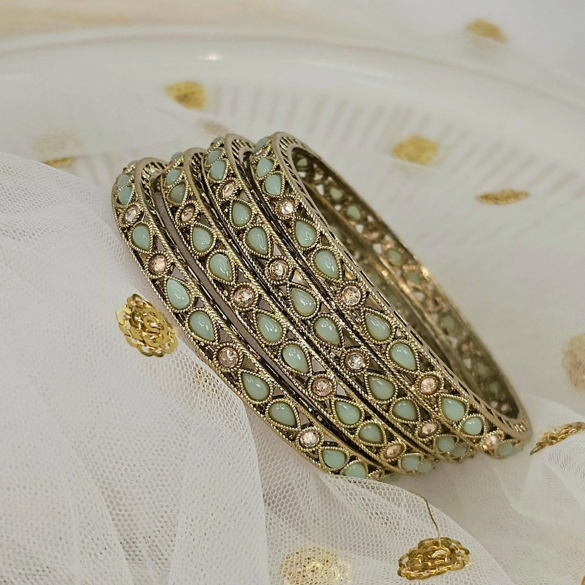 Antique Gold Coloured Polki Bangles - Set of 4