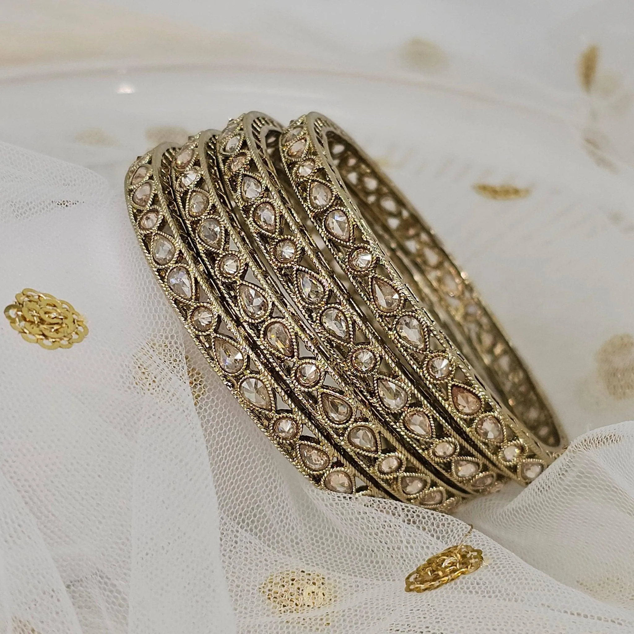 Antique Gold Coloured Polki Bangles - Set of 4