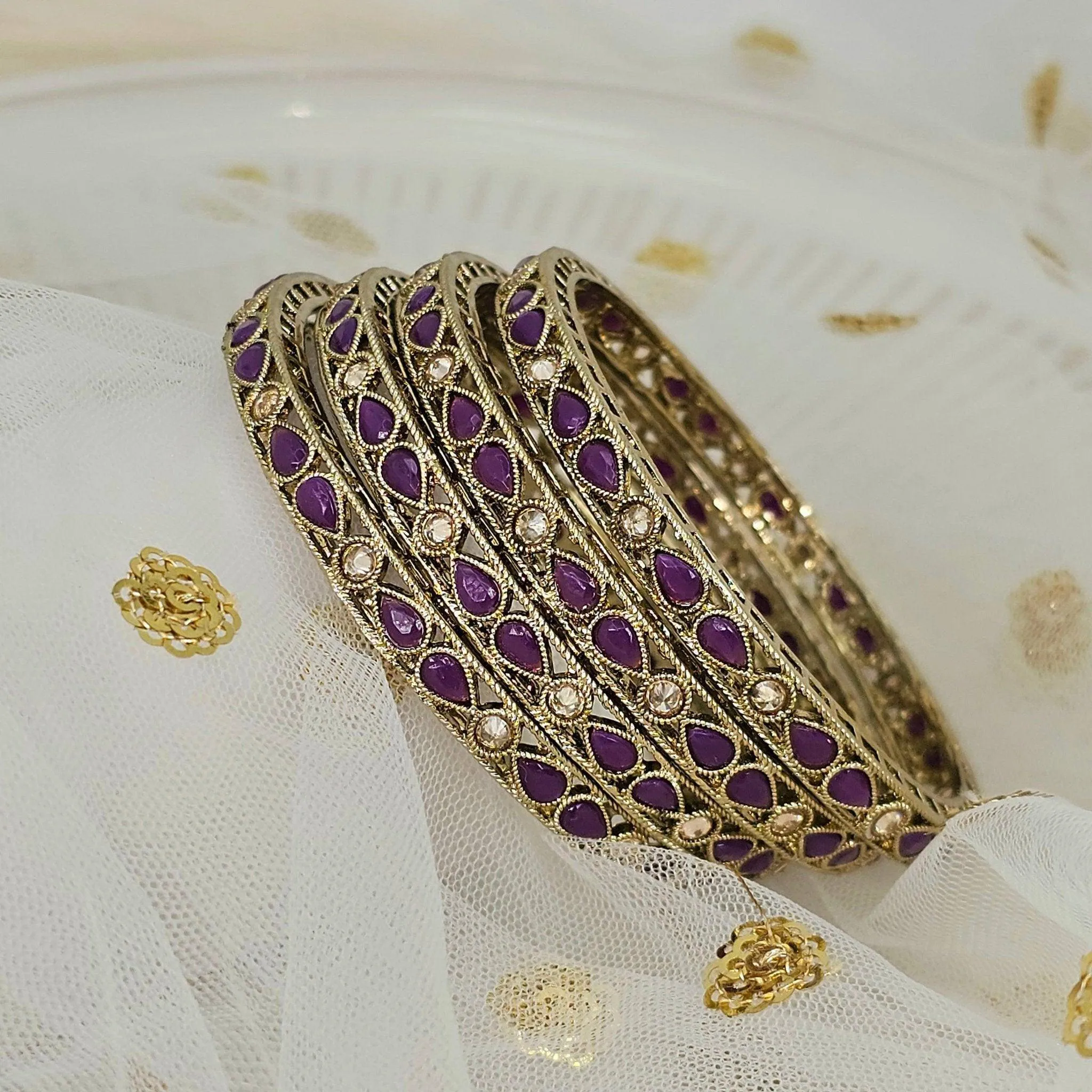 Antique Gold Coloured Polki Bangles - Set of 4