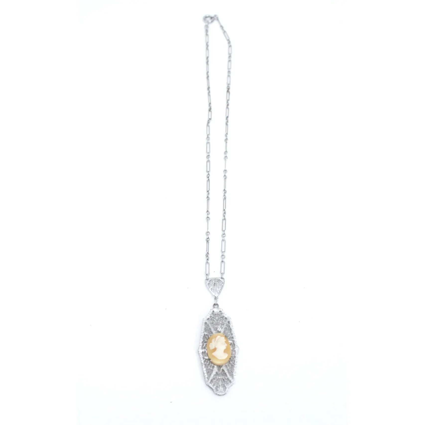 Antique Vintage Art Deco  1920s Filigree Cameo Pendant Necklace Downton Gatsby Fancy  16" Elongated Chain