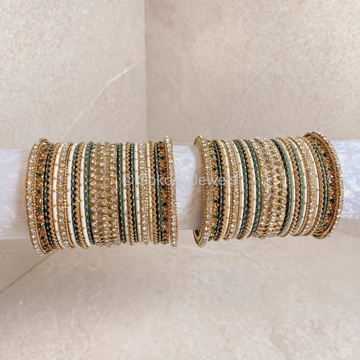 Arabella Bangle set - Green & Ivory