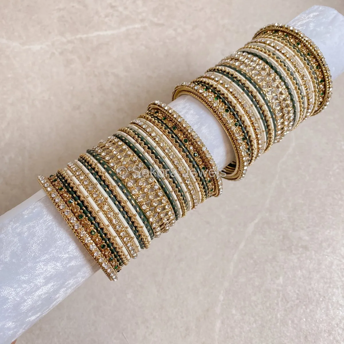 Arabella Bangle set - Green & Ivory
