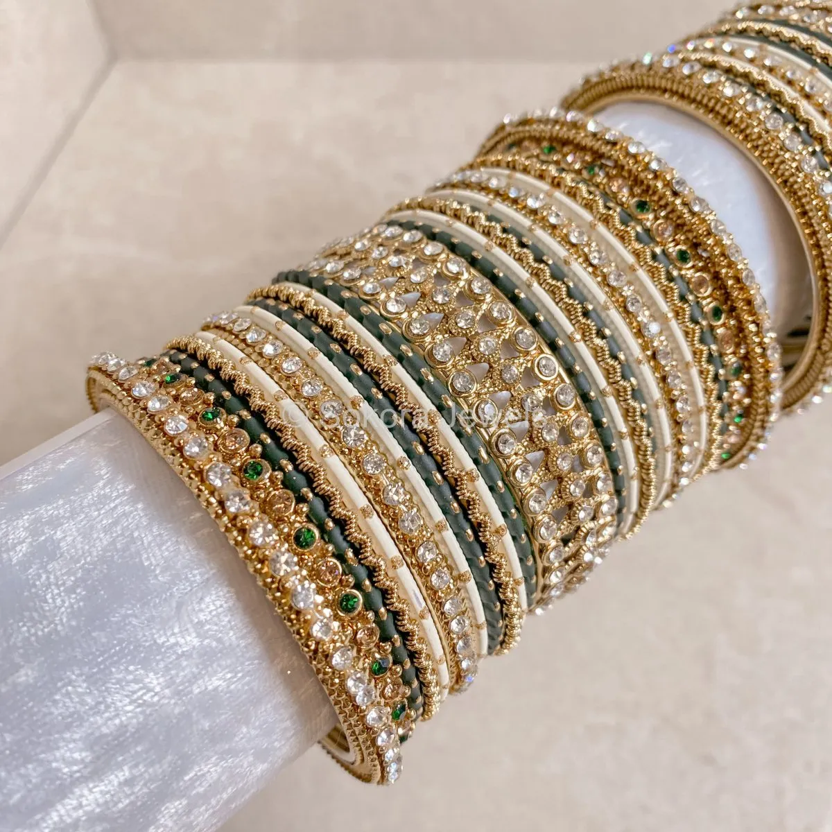 Arabella Bangle set - Green & Ivory
