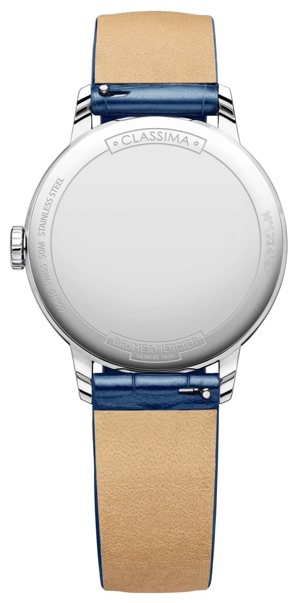 Baume & Mercier Classima Stainless Steel Silver Dial Diamonds Blue Leather Strap Moonphase Date Quartz Womens Watch M0A10329