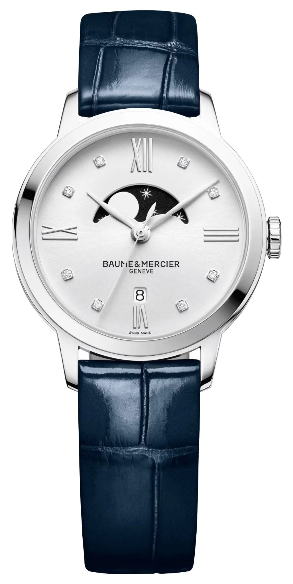 Baume & Mercier Classima Stainless Steel Silver Dial Diamonds Blue Leather Strap Moonphase Date Quartz Womens Watch M0A10329