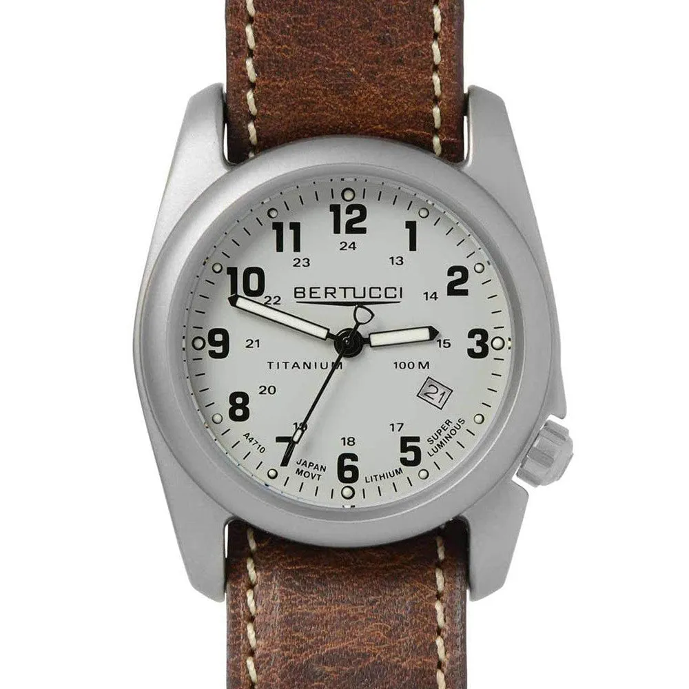 Bertucci Mens Savvy Titanium Case White Dial Brown Leather Band Round Watch - 12716