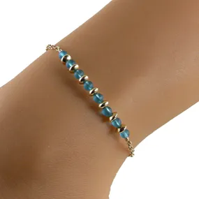 Blue Sea Glass Gold Ankle Bracelet, Gold Anklet