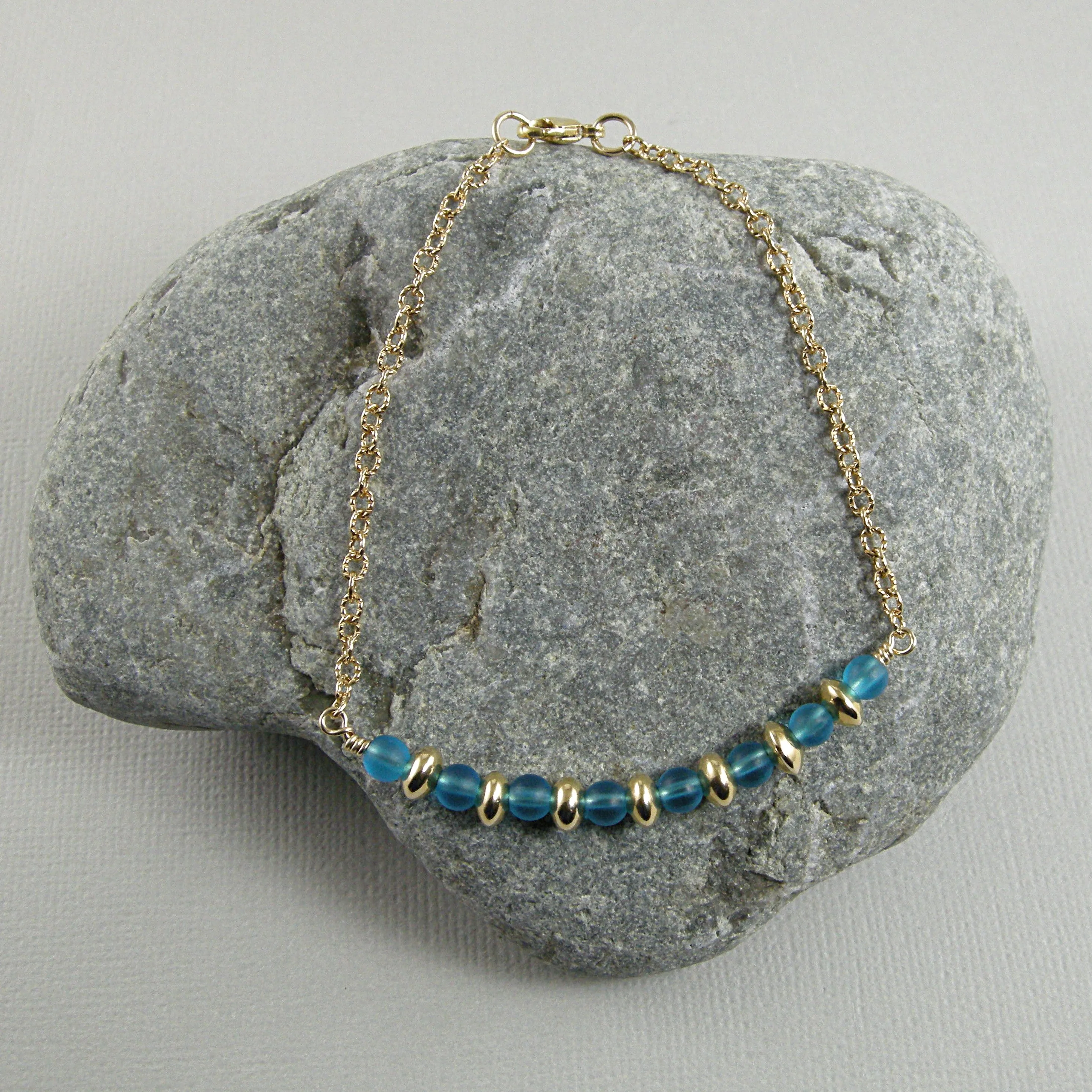 Blue Sea Glass Gold Ankle Bracelet, Gold Anklet