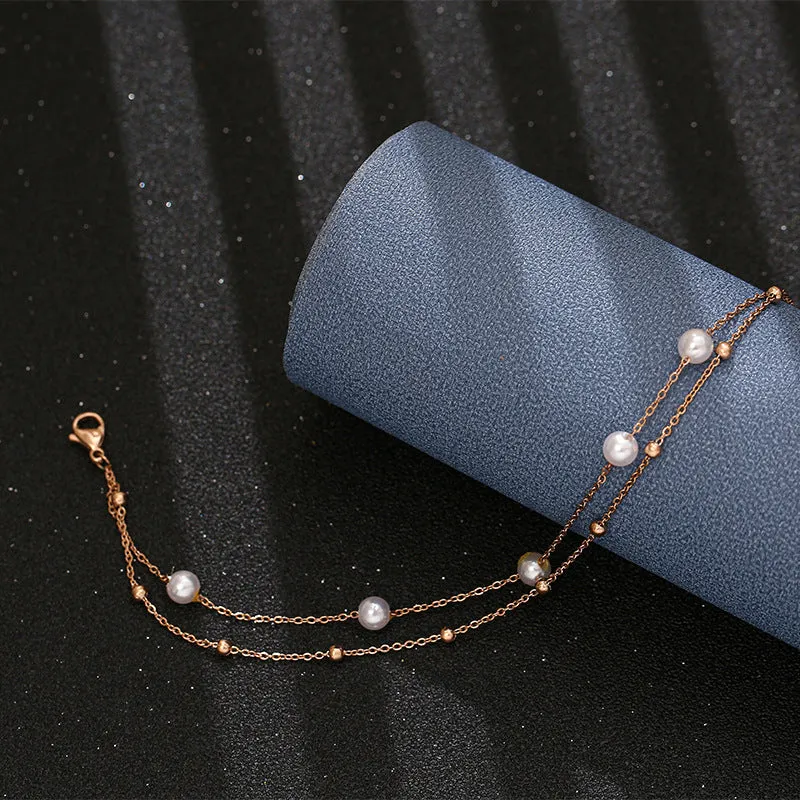 Bohemia Double Layer White Pearl Charm Anklets For Women