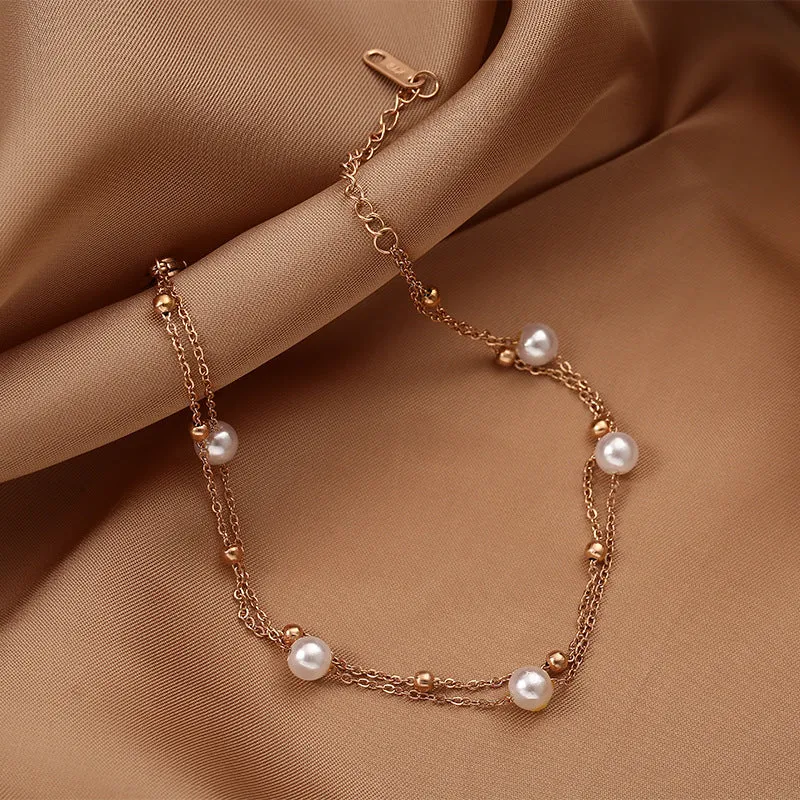 Bohemia Double Layer White Pearl Charm Anklets For Women