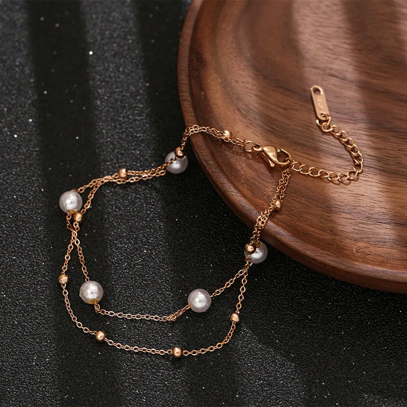 Bohemia Double Layer White Pearl Charm Anklets For Women