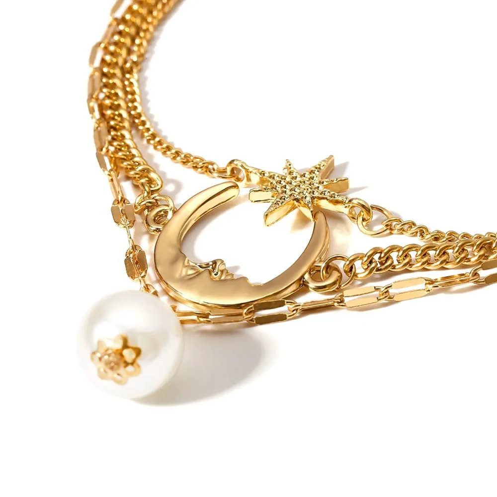 Bohemian Anklets For Women Girls 3 Layered Pearl Moon Star Anklet