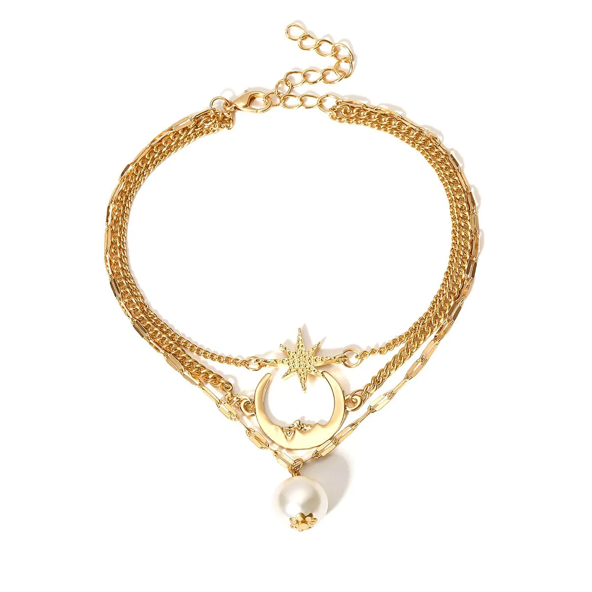 Bohemian Anklets For Women Girls 3 Layered Pearl Moon Star Anklet