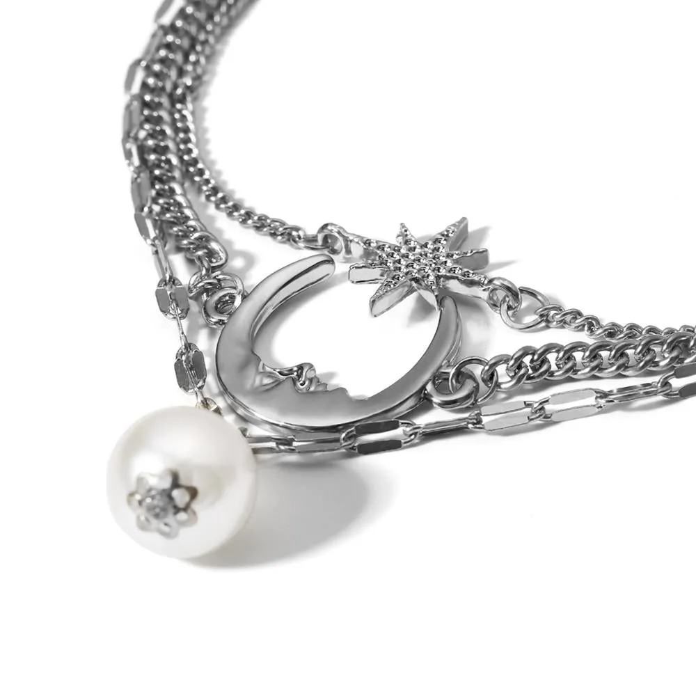 Bohemian Anklets For Women Girls 3 Layered Pearl Moon Star Anklet