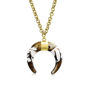 Boho Tribal Crescent Moon Pendant Necklace in Gold Tone - White or Brown Option