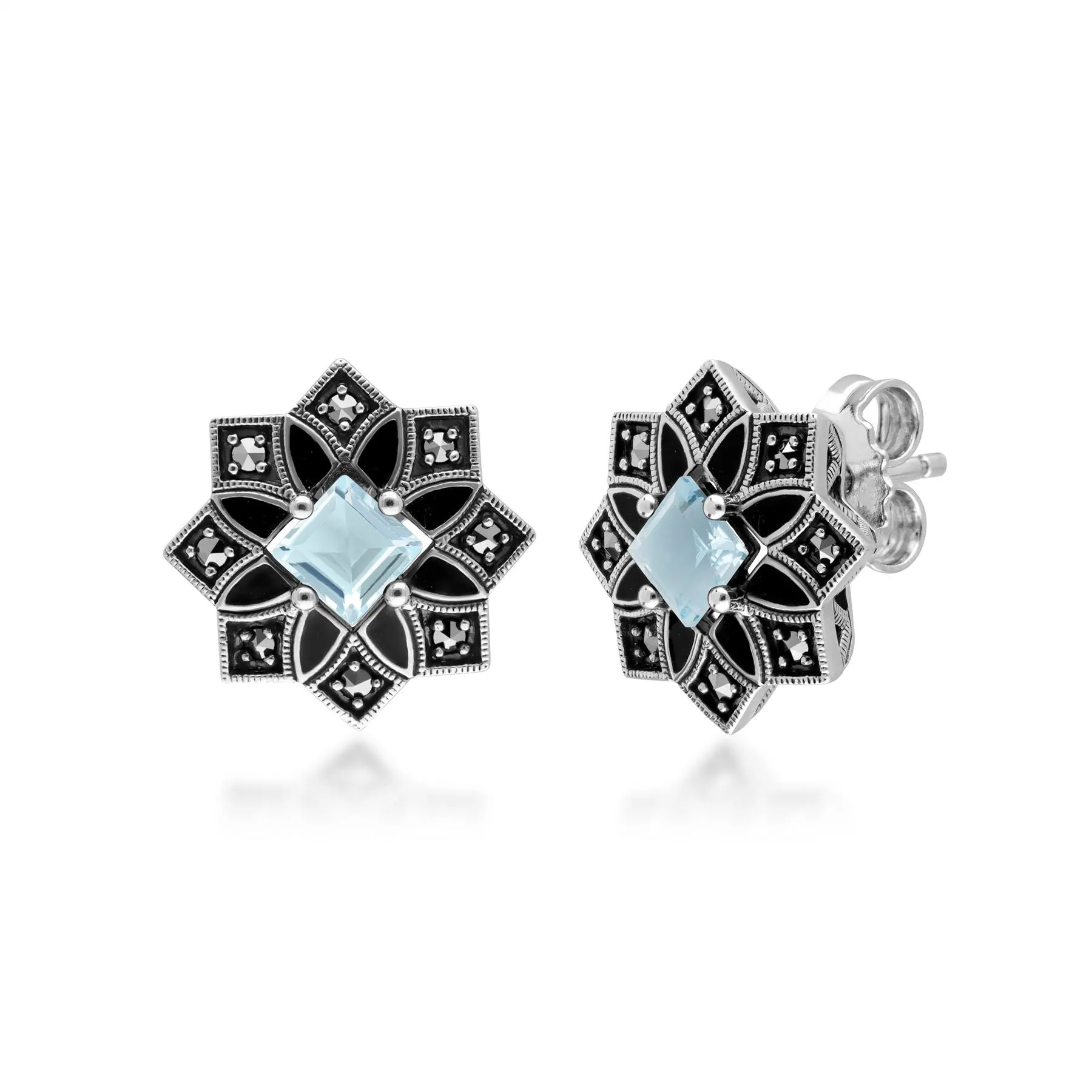 Boucles d'Oreilles Clou Etoile Style Art Déco Topaze Bleue et Marcassite