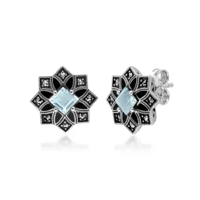 Boucles d'Oreilles Clou Etoile Style Art Déco Topaze Bleue et Marcassite