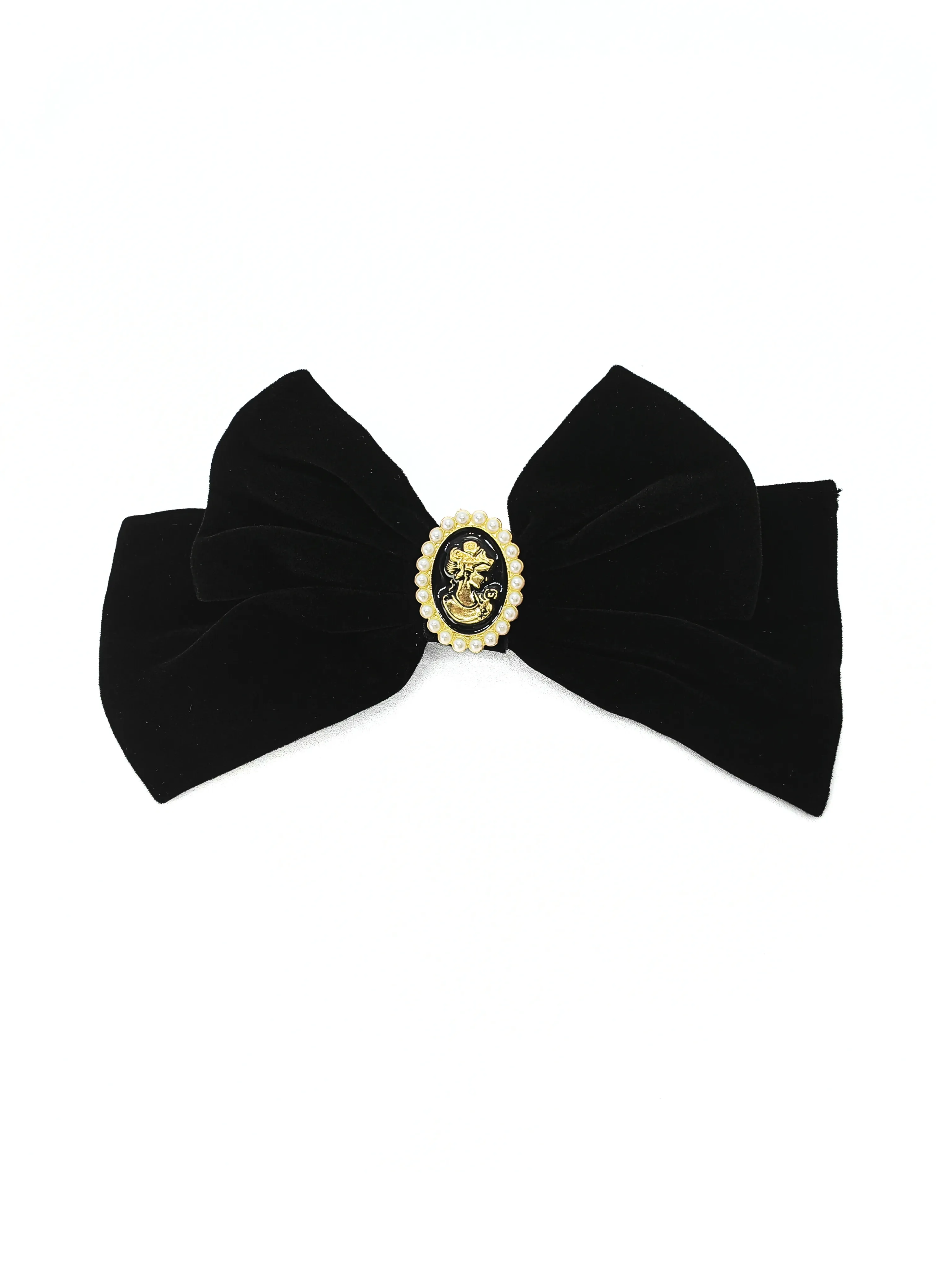 Cameo Pearl Embellished Short Velvet Bow Hair Clip