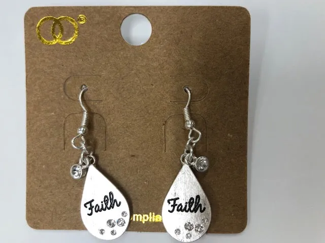 CLEAR CRYSTAL ACCENTED SILVERTONE 'FAITH' MOROCCAN TEARDROP EARRINGS
