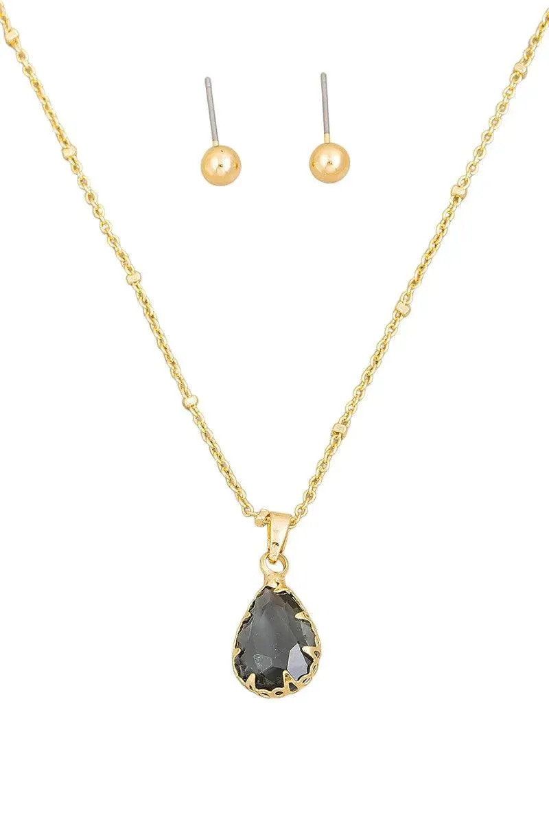Crystal Teardrop Necklace & Small Ball Earring Set