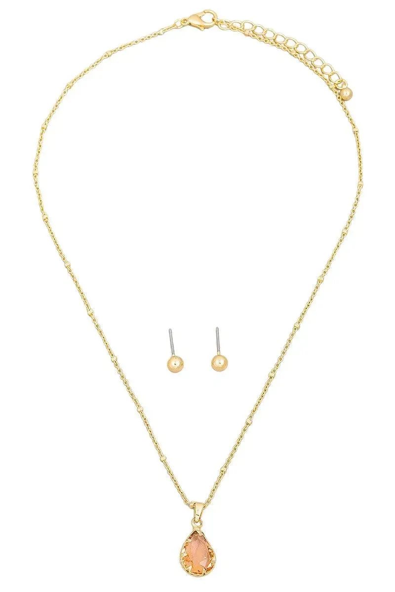 Crystal Teardrop Necklace & Small Ball Earring Set