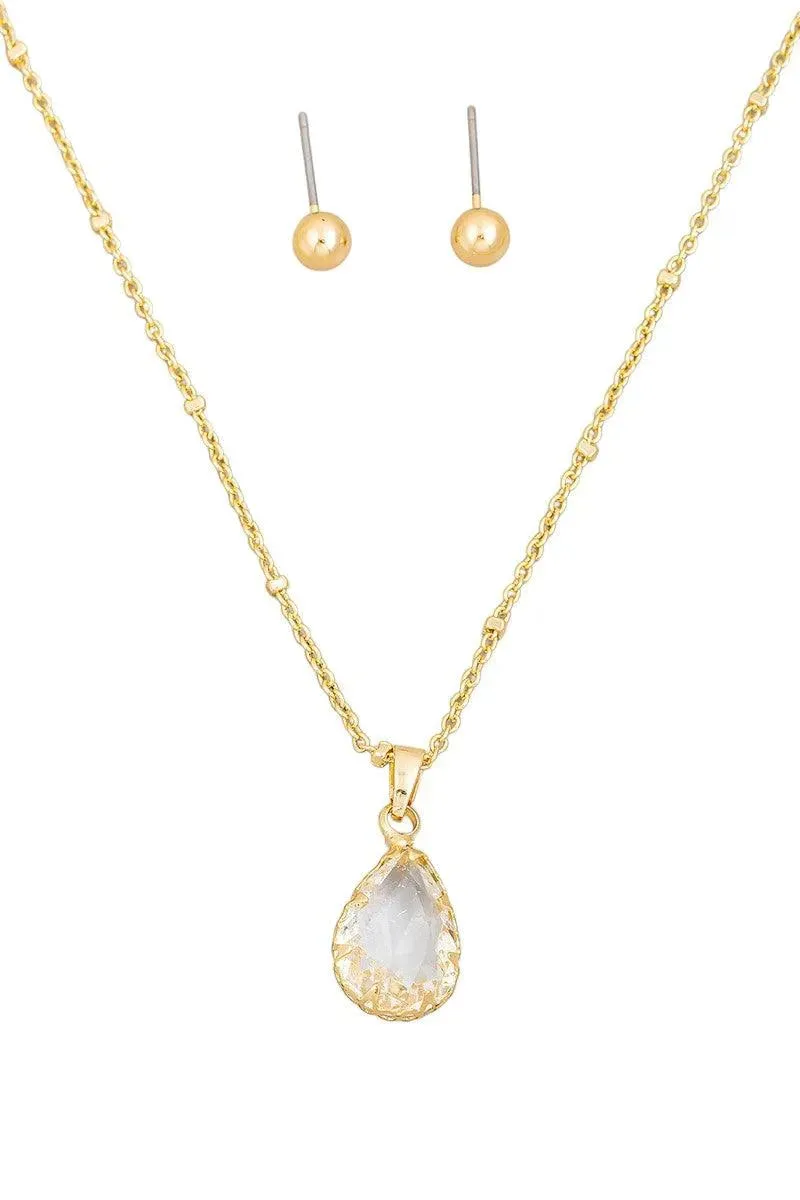 Crystal Teardrop Necklace & Small Ball Earring Set