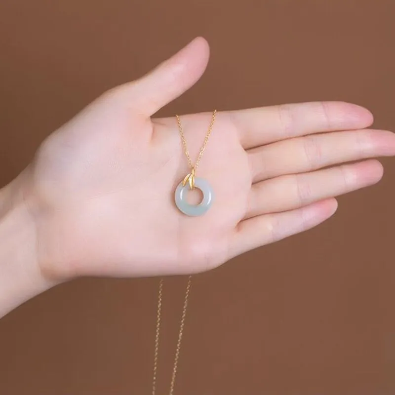 Designer original new in natural Hetian jade bamboo leaf round necklace pendant