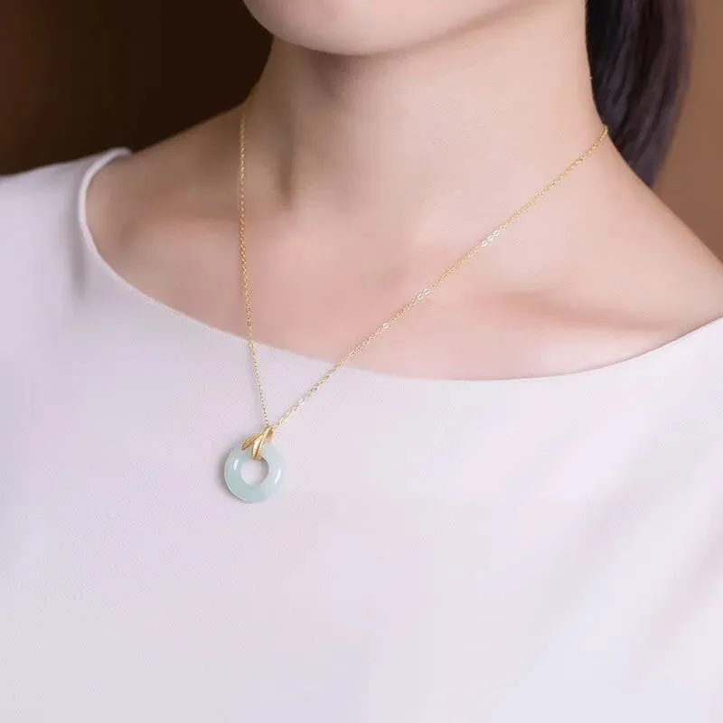 Designer original new in natural Hetian jade bamboo leaf round necklace pendant