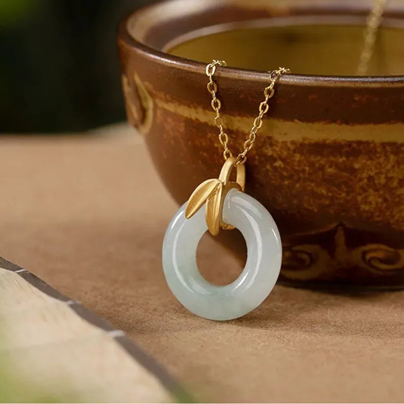 Designer original new in natural Hetian jade bamboo leaf round necklace pendant