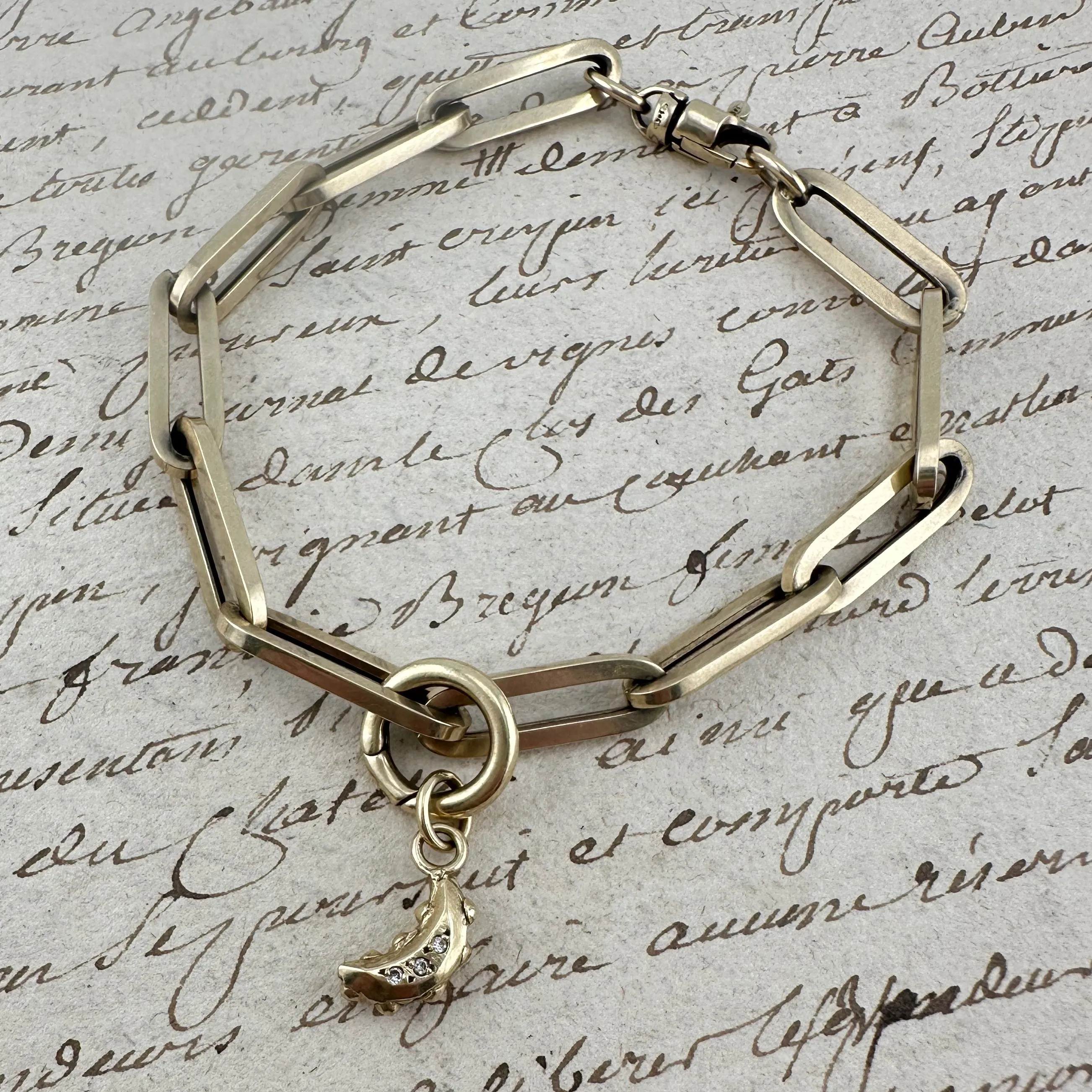 Diamond MOON Paperclip Charm Bracelet - 14k Gold