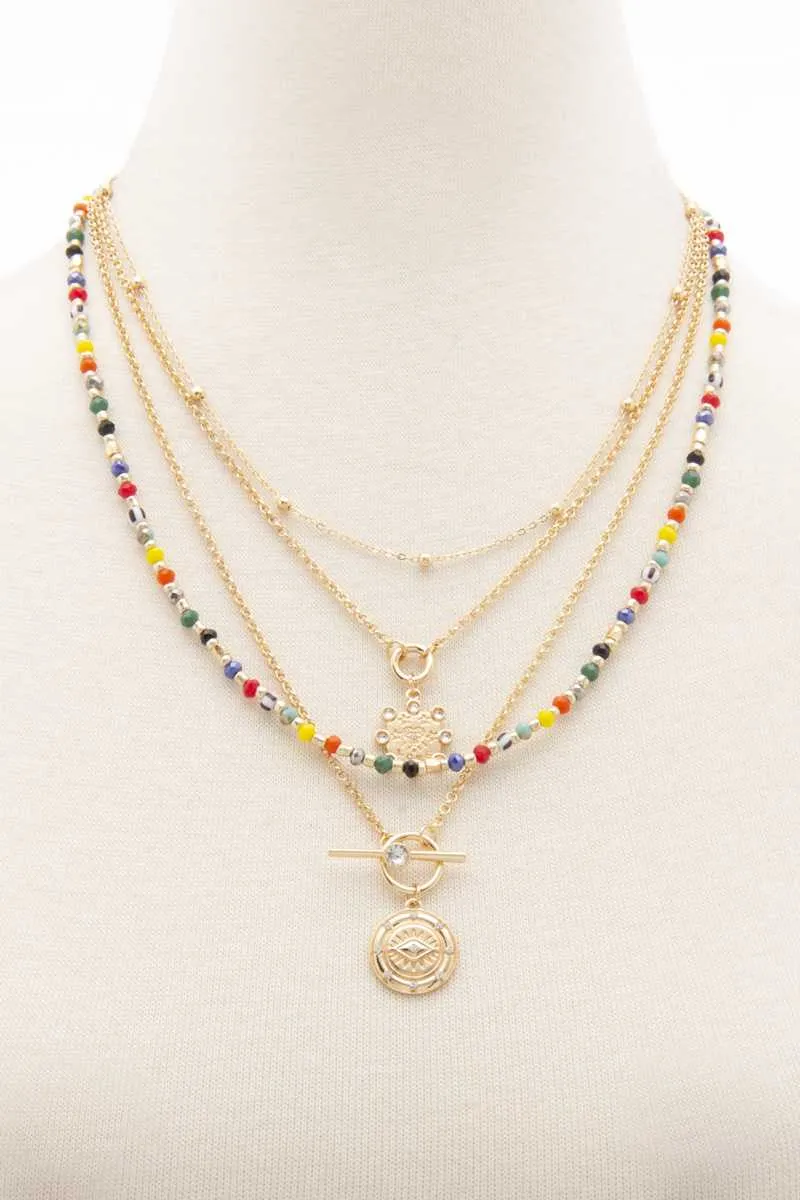 Evil Eye Charm Seed Bead Layered Necklace