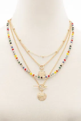 Evil Eye Charm Seed Bead Layered Necklace