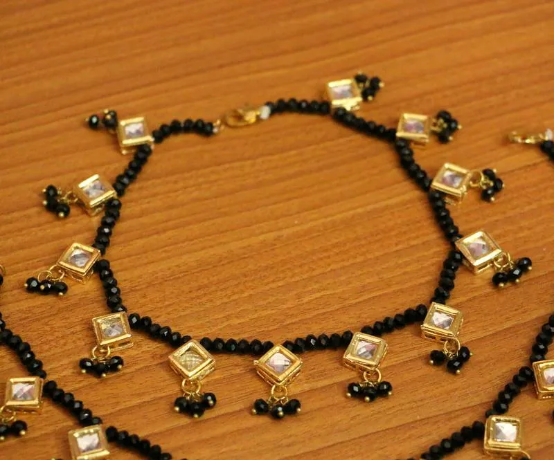 GOLD PLATED BLACK CRYTSAL KUNDAN ANKLETS