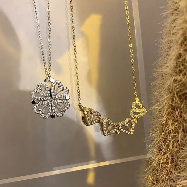 Golden Four Leaf Magnetic Folding Heart Clover Necklace, Dainty Heart Necklace for Women, Zirconia Four Leaf Clover Pendant