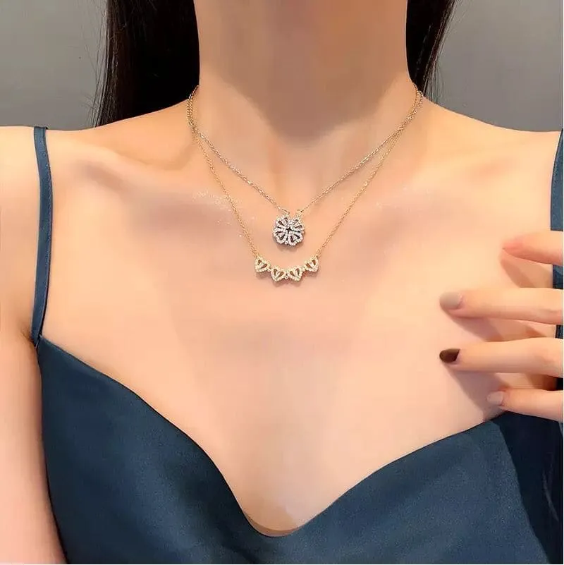 Golden Four Leaf Magnetic Folding Heart Clover Necklace, Dainty Heart Necklace for Women, Zirconia Four Leaf Clover Pendant