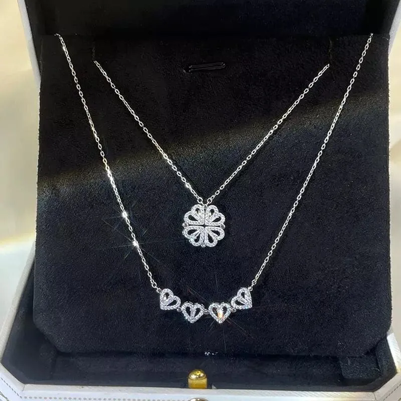 Golden Four Leaf Magnetic Folding Heart Clover Necklace, Dainty Heart Necklace for Women, Zirconia Four Leaf Clover Pendant