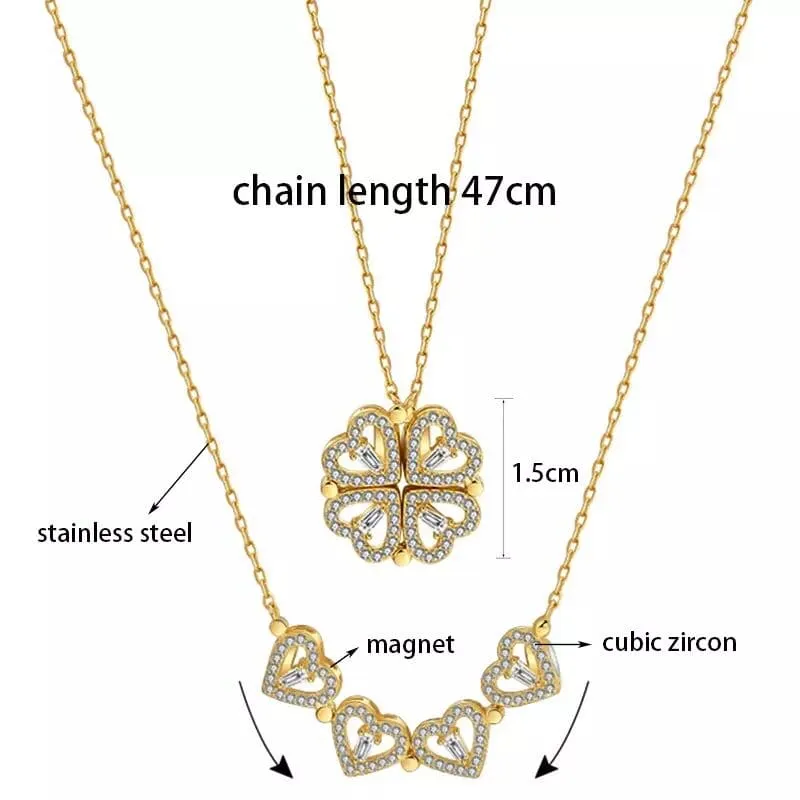 Golden Four Leaf Magnetic Folding Heart Clover Necklace, Dainty Heart Necklace for Women, Zirconia Four Leaf Clover Pendant